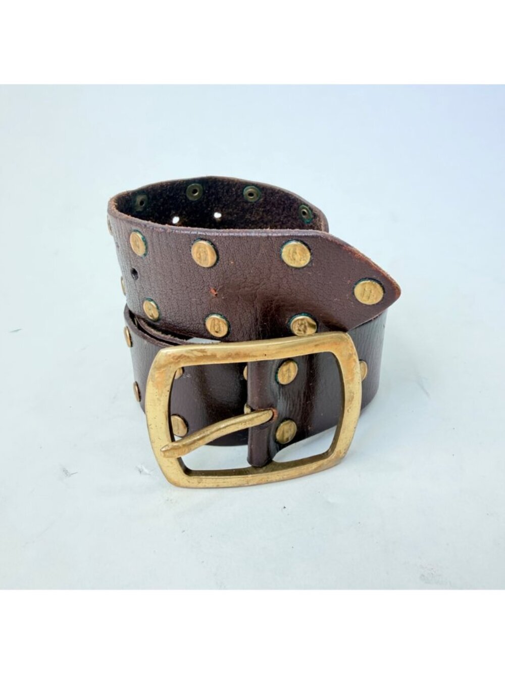 Linea Pelle vintage Studded Leather Belt Brown Brass Western Distressed Size M - Picture 2 of 9